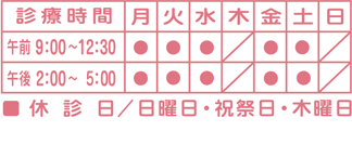 診療時間 午前9:00～12:30 午後3:00～6:30 休診日/日曜日・祝祭日・木曜日